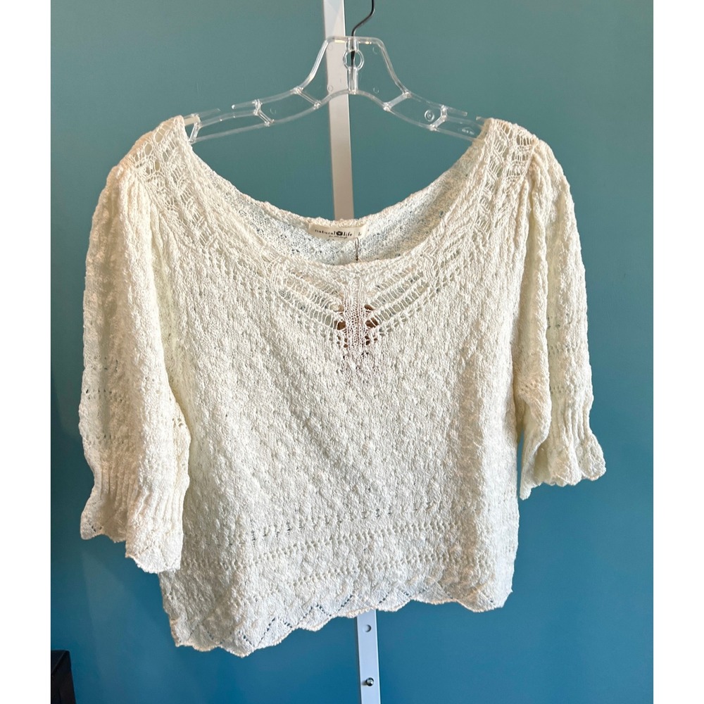 Natural Life NWT Knit Top Large Boho Crochet Cozy Ivory Cottagecore Pointelle